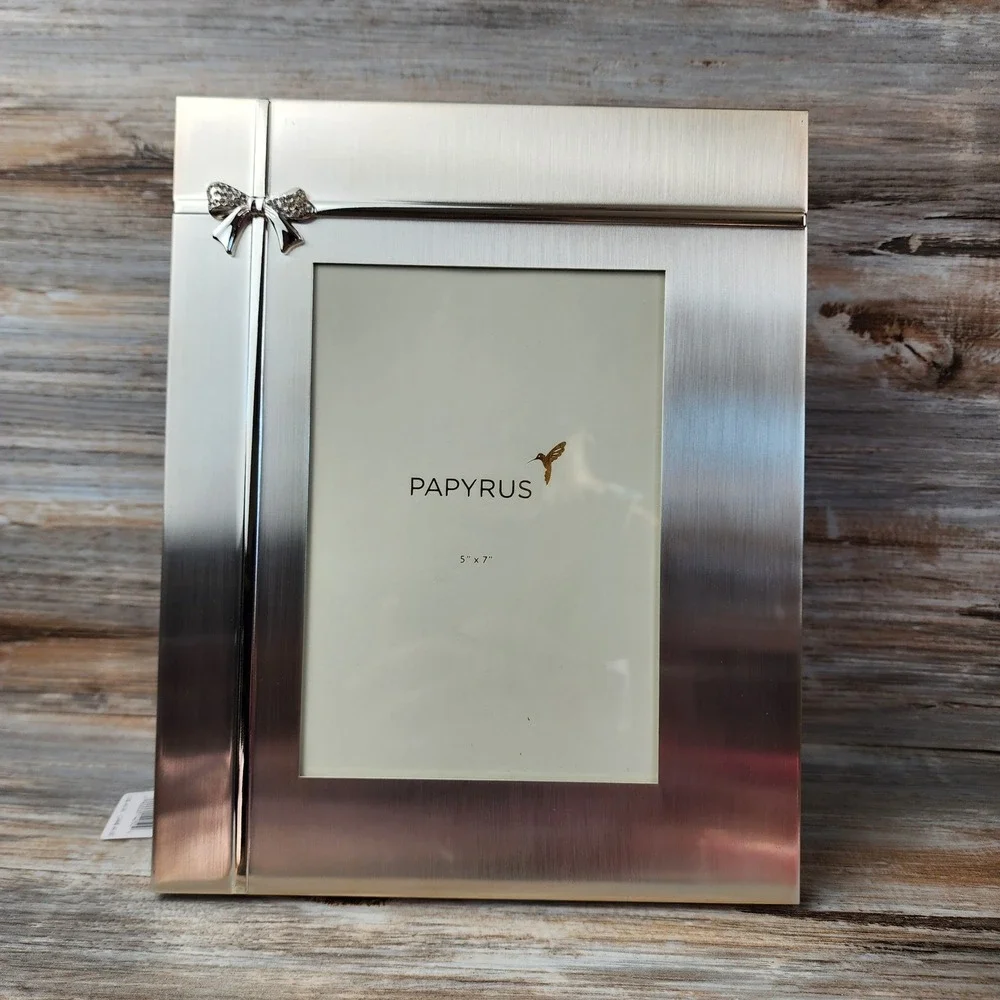 Papyrus Brushed Silver 5x7 Picture Frame Crystal Bow Embellished NWT Box